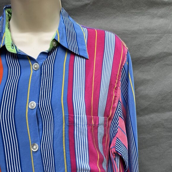 Lauren Ralph Lauren 100% Silk Striped Multicolored Collared Shirt Top Blouse - Picture 3 of 6